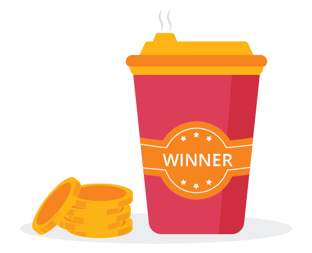 Red and yellow coffee cup with coins on the side